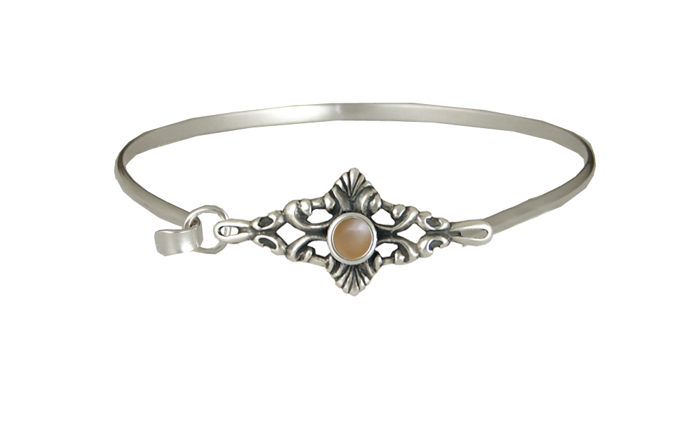 Sterling Silver Victorian Strap Latch Spring Hook Bangle Bracelet With Peach Moonstone